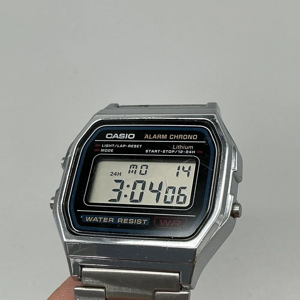 Casio A158W Alarm Chrono Mens Watch 33mm Digital Gray Stainless Bracelet